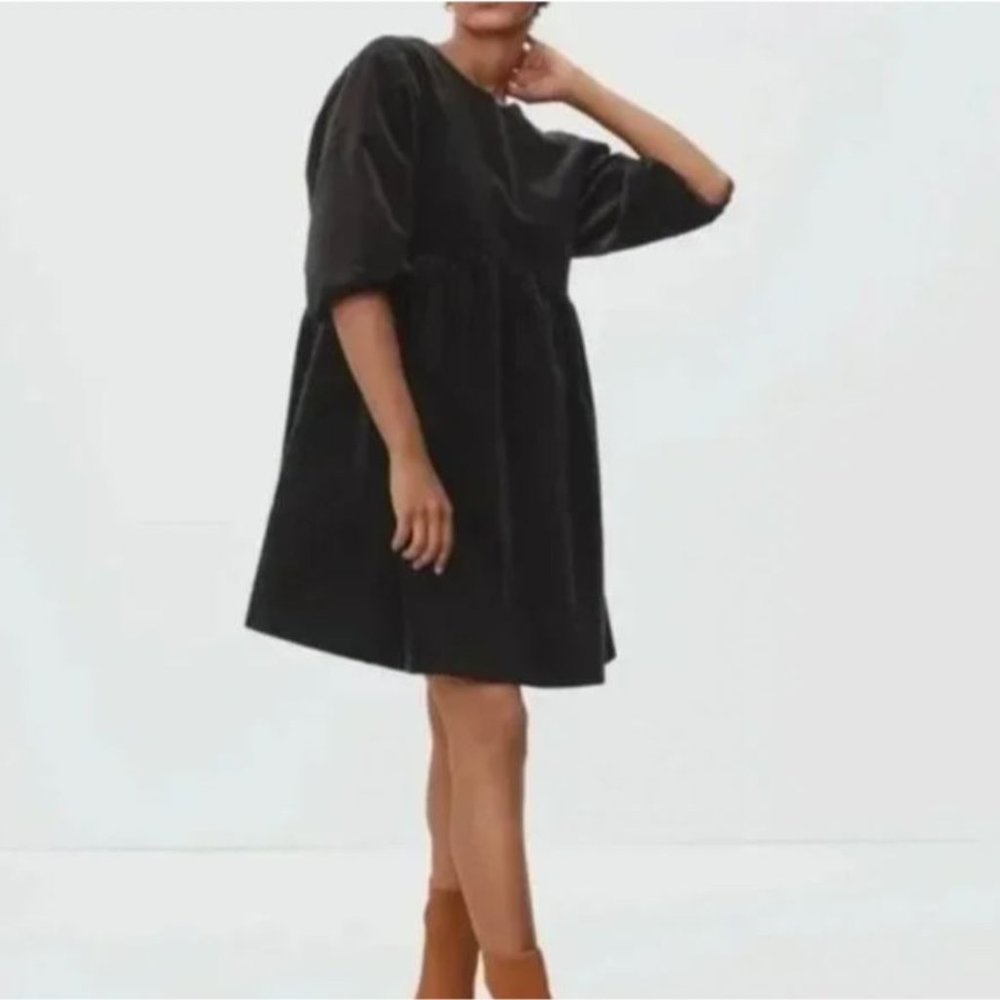 Everlane The Corduroy Black Puff Sleeve Cotton Blend Babydoll Mini Dress Medium